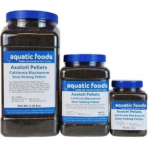 Aquatic Foods Inc. Axolotl Blackworm Pellets. 2mm-1/16 Sinking California Blackworm Small Pellets for Small Axolotl, Frogs, Shrimp, Salamanders, Newts, Snails…11oz Jar