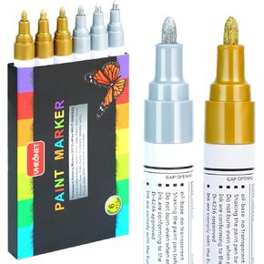 Gold and Silver Paint Marker Pens - 6 Pack Permanent Oil Based Metallic Paint Pen, Medium Tip, Quick Dry ,Waterproof Markers for Stone,Wood, Metal,Plastic, Canvas, Glass, Ceramic, Rubber,Leather
