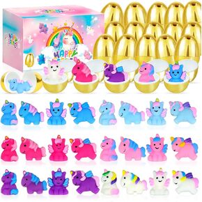 24 Pcs Easter Prefilled Eggs with Mochi Squishy Toys, Unicorn Stress Reliever Squishy Toy for Easter Egg Hunt, Easter Basket Stuffers Filler Party Favor Classroom Prize Gifts for Toddler Boys Girls
