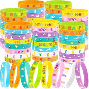 Moon Boat 74pcs Easter Basket Stuffers Wristbands for Kids, Egg Fillers Bulk , Rubber Wristband Gifts, Party Favors for Boys Girls(8 Styles)