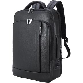 TIDING Slim Leather 15.6" Laptop Backpack For Men & Women, Black Expandable Work Business Daypack with USB Charging Port