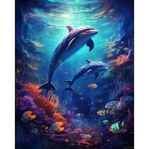 QACEYID Dolphin Paint by Number for Adults, DIY Oil Painting Kit on Canvas with Paintbrushes and Acrylic Pigment, Perfect for Paint by Numbers for Beginner, for Home Wall Decor 16x20Inch