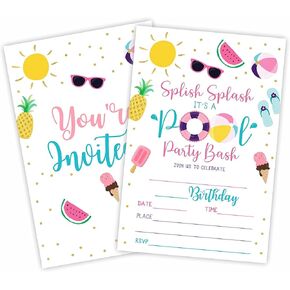 Pool Party Birthday Invitation, Tropical Beach Invite Cards（20 Count) With Envelopes, Summer Swim Fill In Style Invite Cards For Boys, Girls, Kids, Birthday Party Supplies-A17