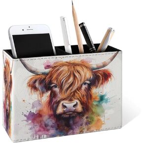 Famame Cute Cow Highland Pencil Holder for Desk, Leather Desktop Container Pen Cup Storage Study Table Pen Organizer Makeup Brush Holder for Classroom Office Home