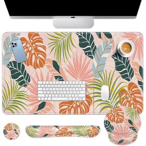 Britimes Keyboard Mouse Pad Set Desk Mat 4in1 Large Mousepad+Keyboard Wrist Rest+Mouse Wrist Rest+Coaster Set with Ergonomic Design for Home Office Table Computer 35.4x15.7 Inches(Bohemian Palm Leaf)