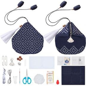 ACRNIGHEET Sashiko Coin Purse Kit Beginner Persimmon Blossom Embroidery Kit with Printed Sashiko Fabric Coin Purse Kit with Instructions Sashiko Kit for Beginners Traditional Japanese Sashiko DIY Kit