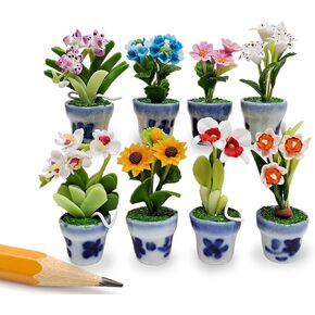 WitnyStore Tiny 2" High 8 Pieces Set Mix Hand Made Artificial Flowers Realistic Colorful Miniature Modelling Clay Flower Pots Brilliant Variety of Imitation House Plant Species Home Decoration