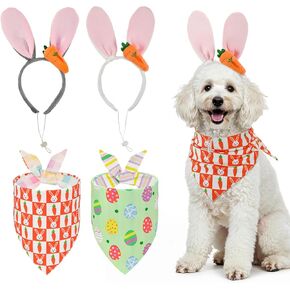 Easter Dog Costumes Set Dog Easter Outfits Bunny Ears Headband with Cute Carrot & Reversible Easter Themed Pattern Bandana Set for Small Middle Large Size Dog (2 Sets)