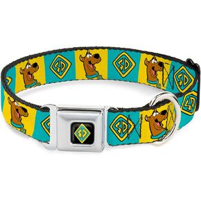 Scooby Doo Pet Collar, Dog Collar Metal Seatbelt Buckle, Scooby Doo Pose and Dog Tag Blocks Yellow Blue, 20 to 31 Inches 1.5 Inch Wide