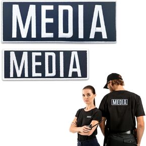 Media Badge Embroidered Patches for Backpacks, Jackets, Press Vest, Photographer Vest - Media Patch with Hook and Loop Patches - Tactical Patches 3.55 x 9.85 inches and 1.80 x 4.95 inches (Black)
