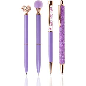 PENTA ANGEL Ballpoint Pens Set 4Pcs Black Ink Metal Glitter Roller Ball Pen Fancy Girly Gift Pens for Women Wedding Office (Purple)