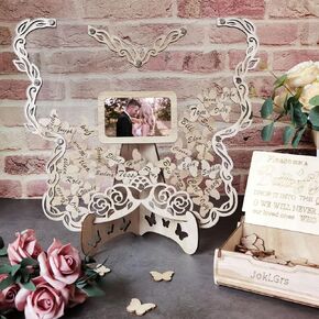 Wedding Guest Book Alternative, Wood Butterfly Baby Shower Guest Book Wedding Reception with 80pcs Wooden Butterflies and Drop Box, Rustic Wedding Sign Decor for Anniversary and Ceremony Party
