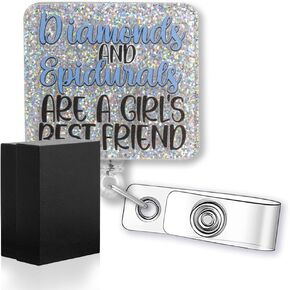 Diamonds and Epidurals are A Girls Best Friend Funny Glitter Badge Reel, Retractable Badge Holder for L&D Nurse Anesthetist Obstetrics Nurse, Labor and Delivery Gift for Midwife, OBGYN Gift