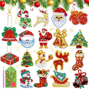 Cludoo 18 Pcs Double Sided Diamond Art Painting Christmas Keychain 5D Christmas Diamond Art Painting Ornaments Keychain, Rhinestone Keychain Pendant Hanging for DIY Art Craft for Christmas Decoration