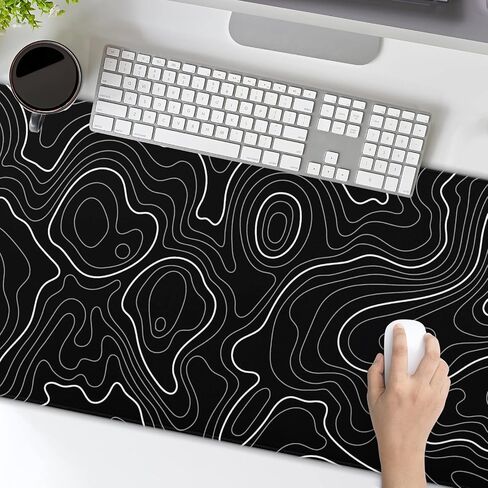 Topographic Contour Gaming Mouse Pad 35.4 X 15.7 Inch XXL Black Geographic Map Lines Full Des Mousepad Extended Large Non-Slip Rubber Base Keyboard Mat with Stitched Edges for Home Office in Saudi Arabia