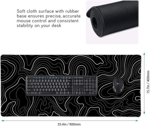 Topographic Contour Gaming Mouse Pad 35.4 X 15.7 Inch XXL Black Geographic Map Lines Full Des Mousepad Extended Large Non-Slip Rubber Base Keyboard Mat with Stitched Edges for Home Office in Saudi Arabia
