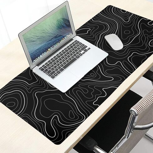 Topographic Contour Gaming Mouse Pad 35.4 X 15.7 Inch XXL Black Geographic Map Lines Full Des Mousepad Extended Large Non-Slip Rubber Base Keyboard Mat with Stitched Edges for Home Office in Saudi Arabia