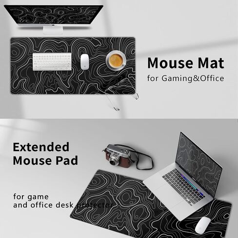 Topographic Contour Gaming Mouse Pad 35.4 X 15.7 Inch XXL Black Geographic Map Lines Full Des Mousepad Extended Large Non-Slip Rubber Base Keyboard Mat with Stitched Edges for Home Office in Saudi Arabia