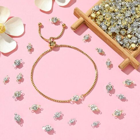 Ipotkitt 200 Pcs 8 Styles Platinum & Gold Brass Cubic Zircon Connector Charms Rhinestone Links Charms Flat Round Birthstone Charms Clear Crystal Connectors Charms for DIY Gift Jewelry Making in Kuwait