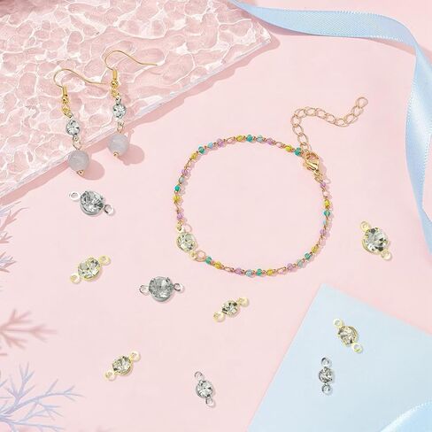 Ipotkitt 200 Pcs 8 Styles Platinum & Gold Brass Cubic Zircon Connector Charms Rhinestone Links Charms Flat Round Birthstone Charms Clear Crystal Connectors Charms for DIY Gift Jewelry Making in Kuwait