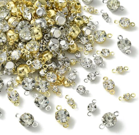 Ipotkitt 200 Pcs 8 Styles Platinum & Gold Brass Cubic Zircon Connector Charms Rhinestone Links Charms Flat Round Birthstone Charms Clear Crystal Connectors Charms for DIY Gift Jewelry Making in Kuwait