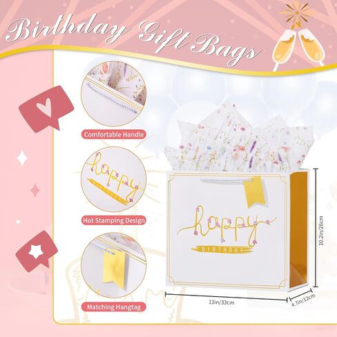 souloduce White ‘Happy Birthday’ Gift Bag Collection, 13" Medium Size, with Tissue Paper and Greeting Card, featuring Hot Stamping, Ideal for Men and Women, Birthday Celebrations (1 Piece) in Saudi Arabia