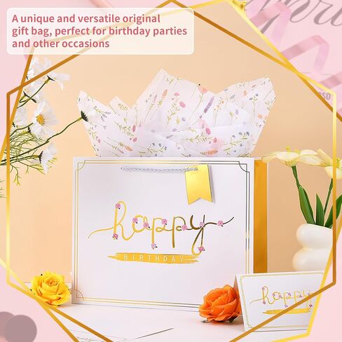 souloduce White ‘Happy Birthday’ Gift Bag Collection, 13" Medium Size, with Tissue Paper and Greeting Card, featuring Hot Stamping, Ideal for Men and Women, Birthday Celebrations (1 Piece) in Saudi Arabia