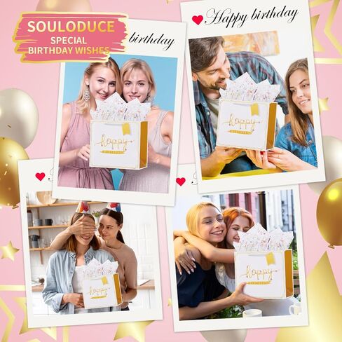 souloduce White ‘Happy Birthday’ Gift Bag Collection, 13" Medium Size, with Tissue Paper and Greeting Card, featuring Hot Stamping, Ideal for Men and Women, Birthday Celebrations (1 Piece) in Saudi Arabia