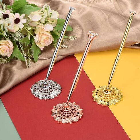 PATIKIL Hollow Round Pen Holder Signing Pen Set, Wedding Pen with Big Crystal Diamond and Pen Holder for Wedding Guests Book Engagement Opening Ceremony, Gold Tone in Saudi Arabia