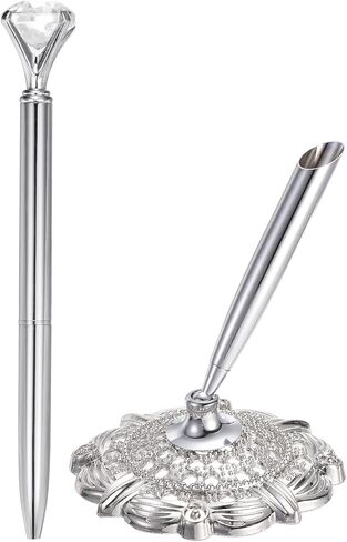 PATIKIL Hollow Round Pen Holder Signing Pen Set, Wedding Pen with Big Crystal Diamond and Pen Holder for Wedding Guests Book Engagement Opening Ceremony, Gold Tone in Saudi Arabia