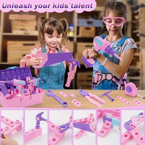 مجموعة أدوات Kids ، 67 PCS Pink Kids Tool Box للفتيات ، حفر ألعاب الإلكترونية والغريس ، Play Play Girls Toys Tools Kit & حزام ، أفكار هدايا عيد الميلاد in Kuwait