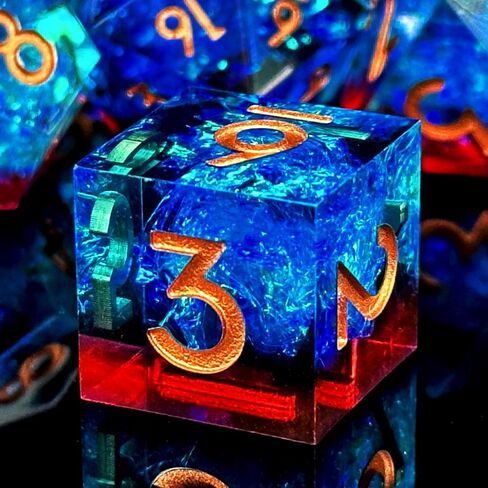 Haomeja Resin DND Set D & D 7 PCS راتنجات حادة الحافة تلعب نرد مع حقيبة نرد العين التنين ، وأبرز الأبراج ، و Dragons DICE D12 D10 D8 D6 D6 (Blue Yellow & Number) in Kuwait