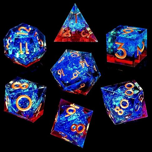 Haomeja Resin DND Set D & D 7 PCS راتنجات حادة الحافة تلعب نرد مع حقيبة نرد العين التنين ، وأبرز الأبراج ، و Dragons DICE D12 D10 D8 D6 D6 (Blue Yellow & Number) in Kuwait