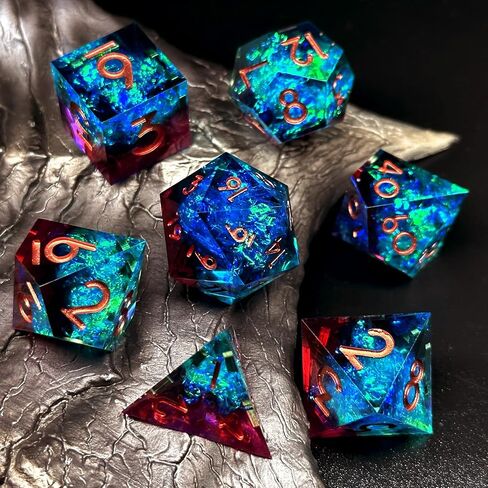 Haomeja Resin DND Set D & D 7 PCS راتنجات حادة الحافة تلعب نرد مع حقيبة نرد العين التنين ، وأبرز الأبراج ، و Dragons DICE D12 D10 D8 D6 D6 (Blue Yellow & Number) in Kuwait
