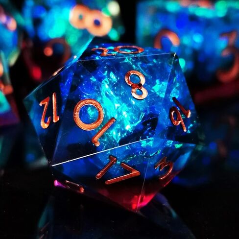 Haomeja Resin DND Set D & D 7 PCS راتنجات حادة الحافة تلعب نرد مع حقيبة نرد العين التنين ، وأبرز الأبراج ، و Dragons DICE D12 D10 D8 D6 D6 (Blue Yellow & Number) in Kuwait