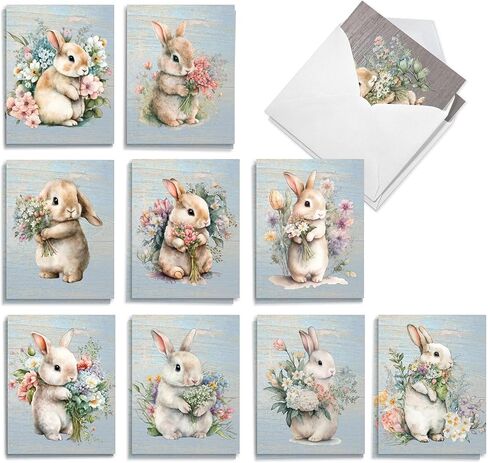 The Best Card Company 20 Assorted Easter Note Cards Bulk Box Set 4 x 5.12 Inch with Envelopes (10 Designs, 2 Each) Bunnies With Flowers AM10991EAG-B2x10 in Kuwait