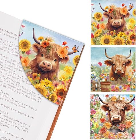 Highland Cow Leather Bookmark - 3 Pcs Sunflower Book Corner Bookmarks Gifts for Women Book Lovers Reading Lover Teacher Student Girls Bookish Gift in Saudi Arabia