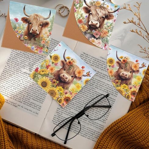 Highland Cow Leather Bookmark - 3 Pcs Sunflower Book Corner Bookmarks Gifts for Women Book Lovers Reading Lover Teacher Student Girls Bookish Gift in Saudi Arabia