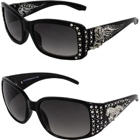 Rodeo Queen 2 Pairs of Fashionable & Studded Sunglasses for Women Black Frame w/Metal Accent Piece Bling Rhinestones & Smoke Gradient Lenses