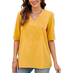 Women's 3/4 Sleeve Cotton Casual Tops,V Neck Embroidery Blouse for Women,Jacquard Blouses Loose Tops t-Shirt