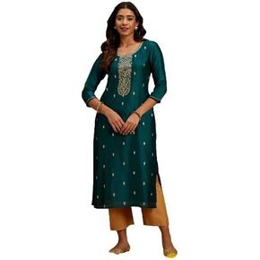 طقم كورتي نسائي 3/4 كم من مزيج الحرير ورقبة دائرية على شكل حرف A - أخضر تورال in Kuwait