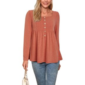 LAISHEN 2023 Womens Square Neck Tops Long Sleeve Shirts Fall Button Down Blouses Dressy Casual