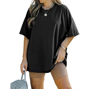 FSHAOES Women Crewneck Drop Shoulder Short Sleeve Oversized Fit Tunic Cotton T-Shirt Basic Boyfriend