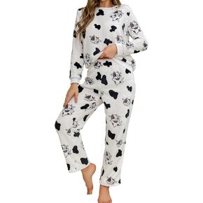 WDIRARA Women's 2 Piece Flannel Sleepwear Animal Print Pajama Crewneck Long Sleeve Top and Loose Fit Pants Set