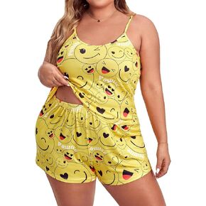 Floerns Women's Plus Size Cartoon Print Cami Top with Shorts Pajama Set Sleepwear