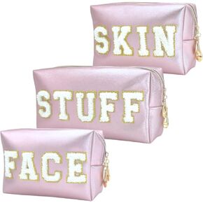 Blush Bubbles Pink Makeup Bags - 3 Pcs Preppy Skincare Bag Set for Travel Essentials - Makeup Travel Organizer with Chenille Letters (Skin, Face, Stuff)