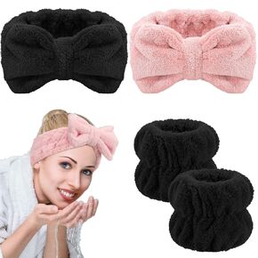 4 Pieces Spa Headband Wrist Washband Scrunchies Cuffs for Washing Face, Towel Wristbands Hair Headband Face Wash Wristband for Women Girls Makeup Prevent Liquids from Spilling Down Your Arms (White)