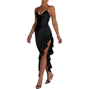 Women's Sexy Satin Spaghetti Strap V Neck Backless Side High Split Ruffle Hem Evening Party Cocktail Maxi Dress