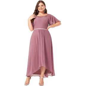 Ever-Pretty Plus Womens Plus Size Lace Illusion Ruffle Sleeves Irregular Hem A Line Chiffon Maxi Evening Dresses 00465-DA in Kuwait