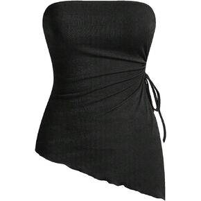 SOLY HUX Women's Asymmetrical Lettuce Trim Tube Tops Strapless Y2K Summer Bandeau Top